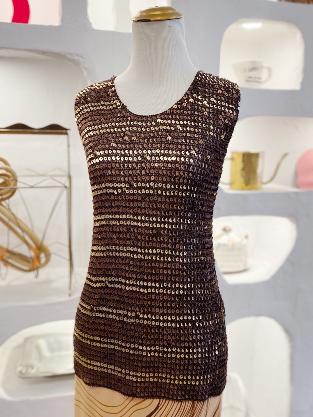 Y2K Vintage Ibiza Core Brown Crochet Gold & Bronze Striped Sheer Sequin Tank Top